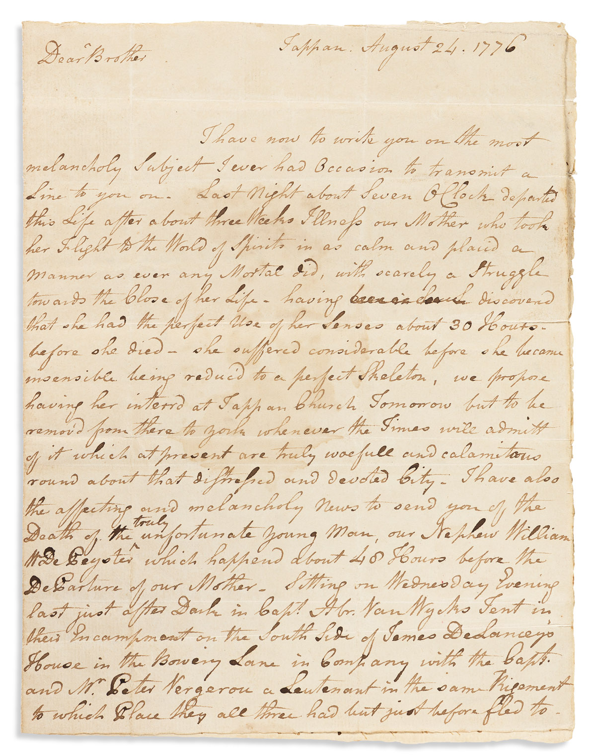(AMERICAN REVOLUTION--1776.) Abraham W. de Peyster. Letter describing the deadly lightning storm just before the Battle of Long Island.